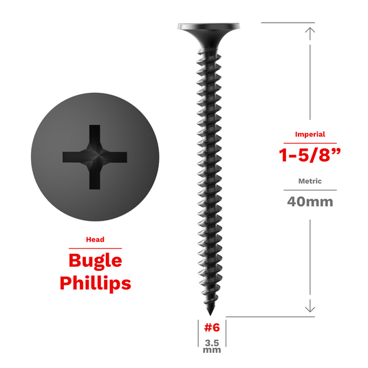 #6 Drywall Screws with Coarse or Fine Thread Black Phosphate Coated Bugle Phillips Head - 100pcs